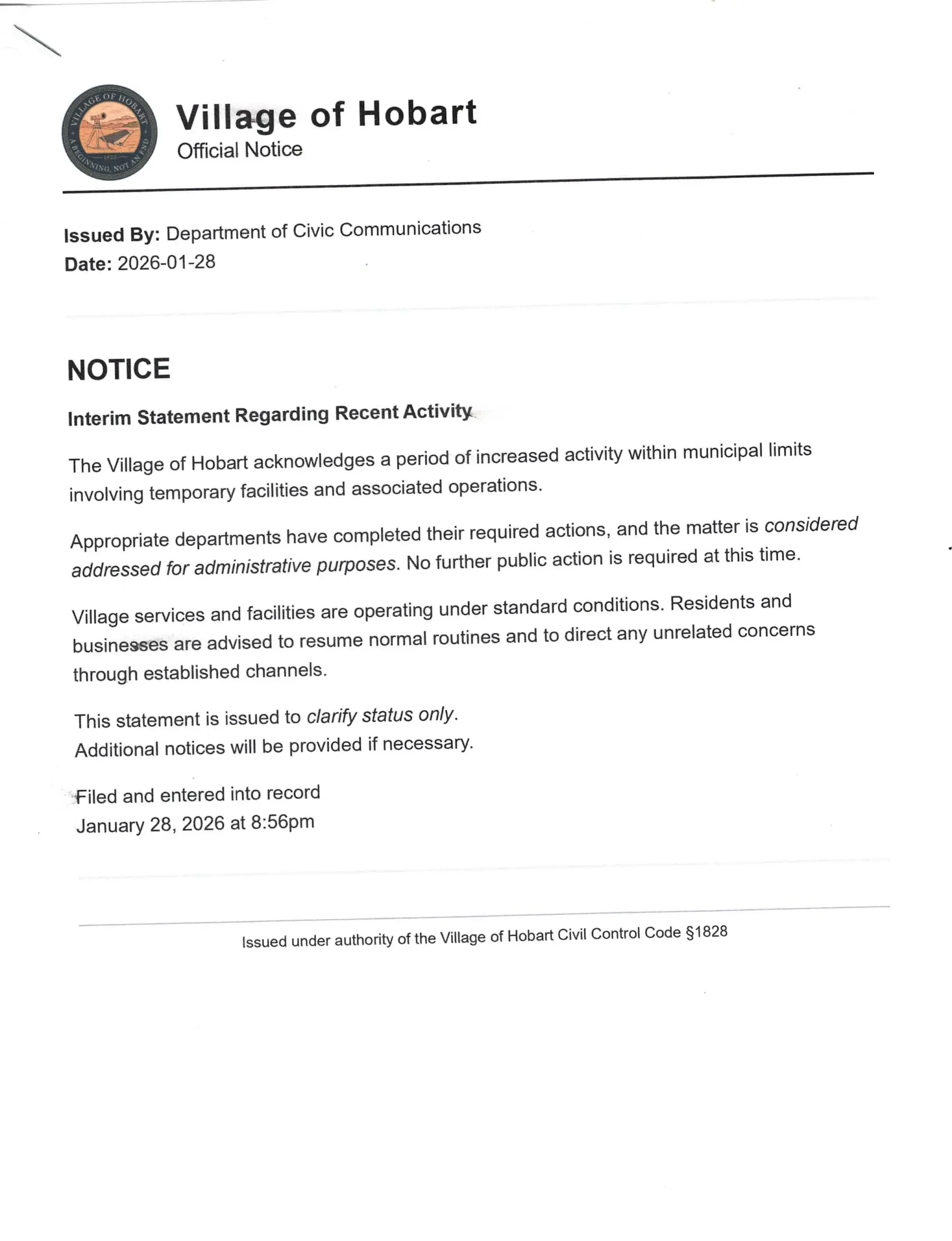 31 – Interim Statement Regarding Recent Activity